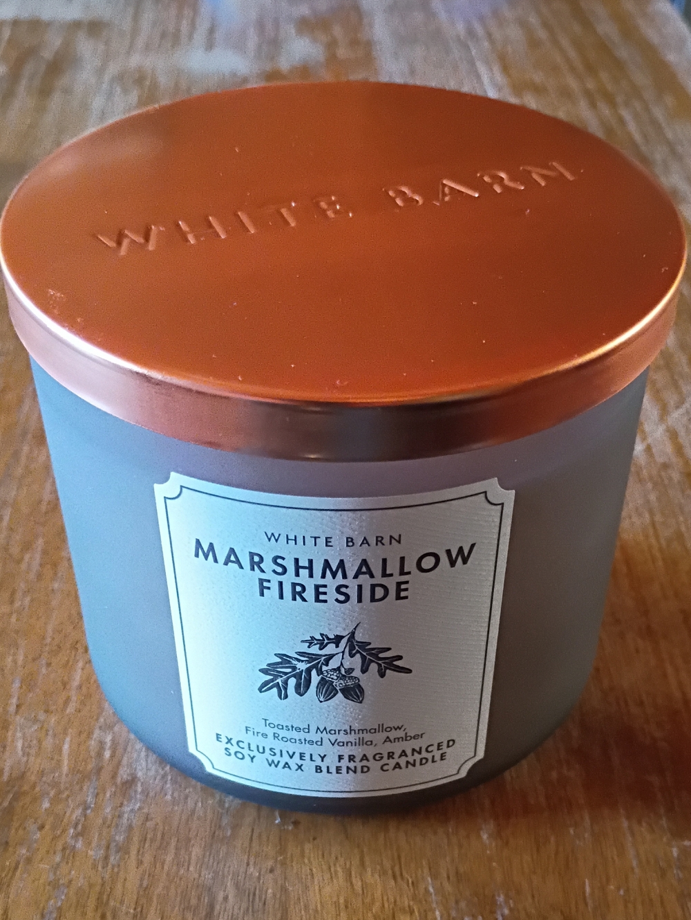 White Barn Marshmallow Fireside Candle - Copper Lid, Gray Jar